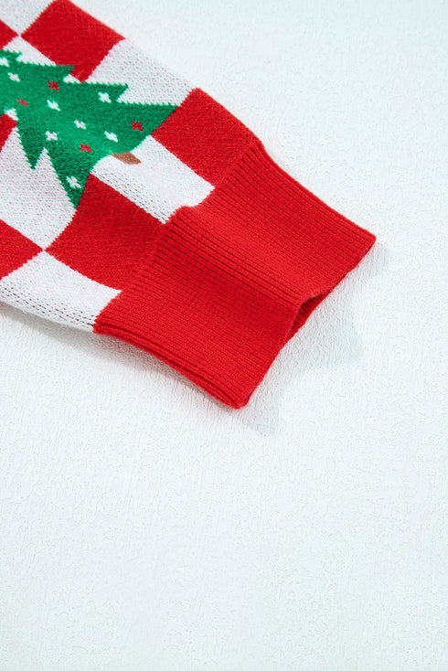 Checkerboard Tree Intarsia Button Front V Neck Drop Shoulder Cardigan